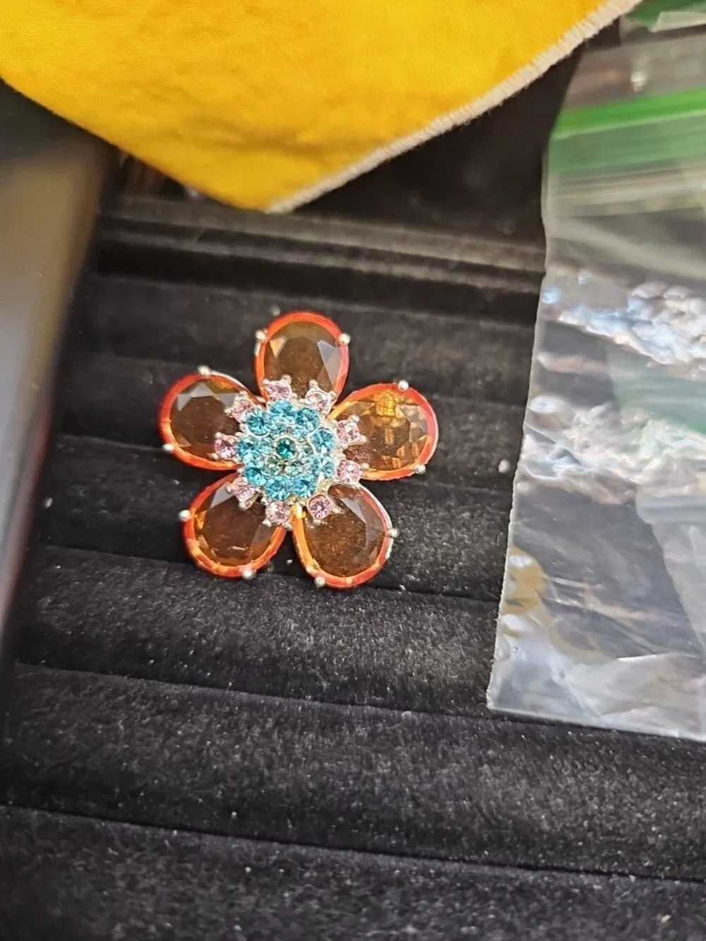 Pink & Blue Center Rhinestones Silvertone 1 1/2